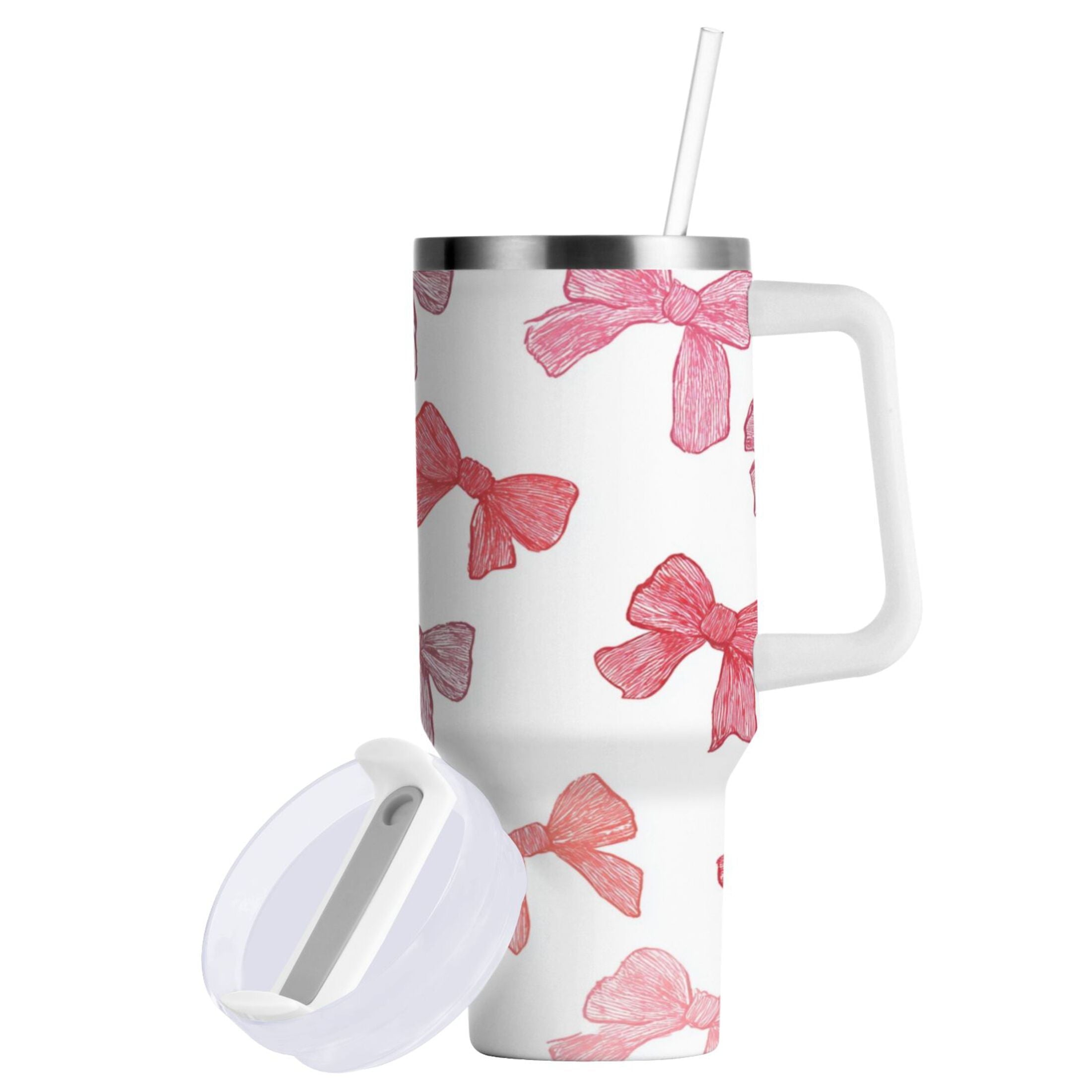 40 oz Insulated Stainless Steel Tumbler Double Wall Stainless Steel Tumbler with 2-Way Drinking Pink Bows Pattern | WY43