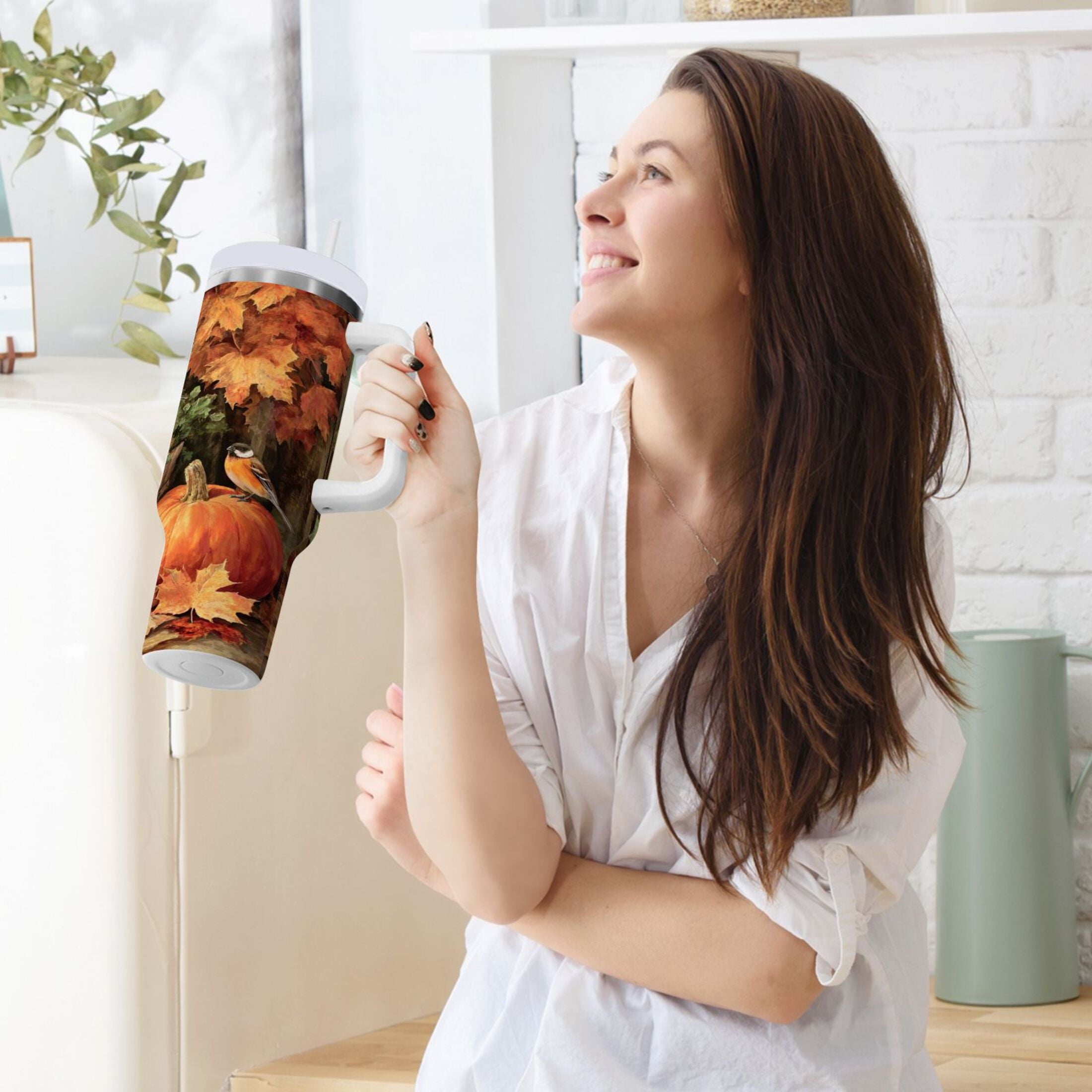 30 oz Insulated Stainless Steel Tumbler Double Wall Stainless Steel Tumbler with 2-Way Drinking Beautiful Fall Scene | FLLT