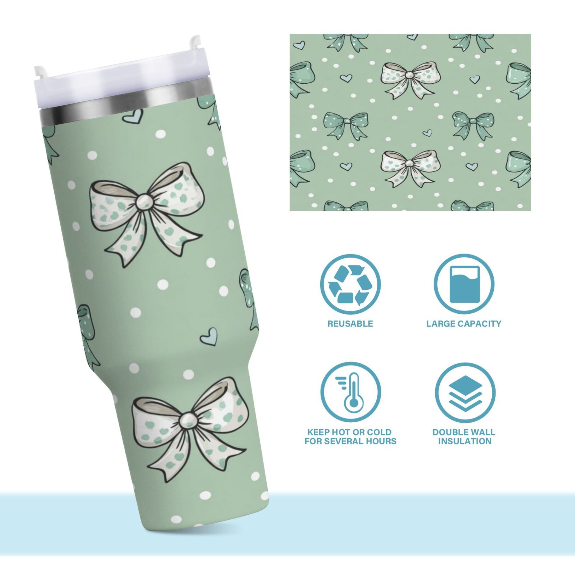 30 oz Insulated Stainless Steel Tumbler Double Wall Stainless Steel Tumbler with 2-Way Drinking Green and Mint Bows | B2SF
