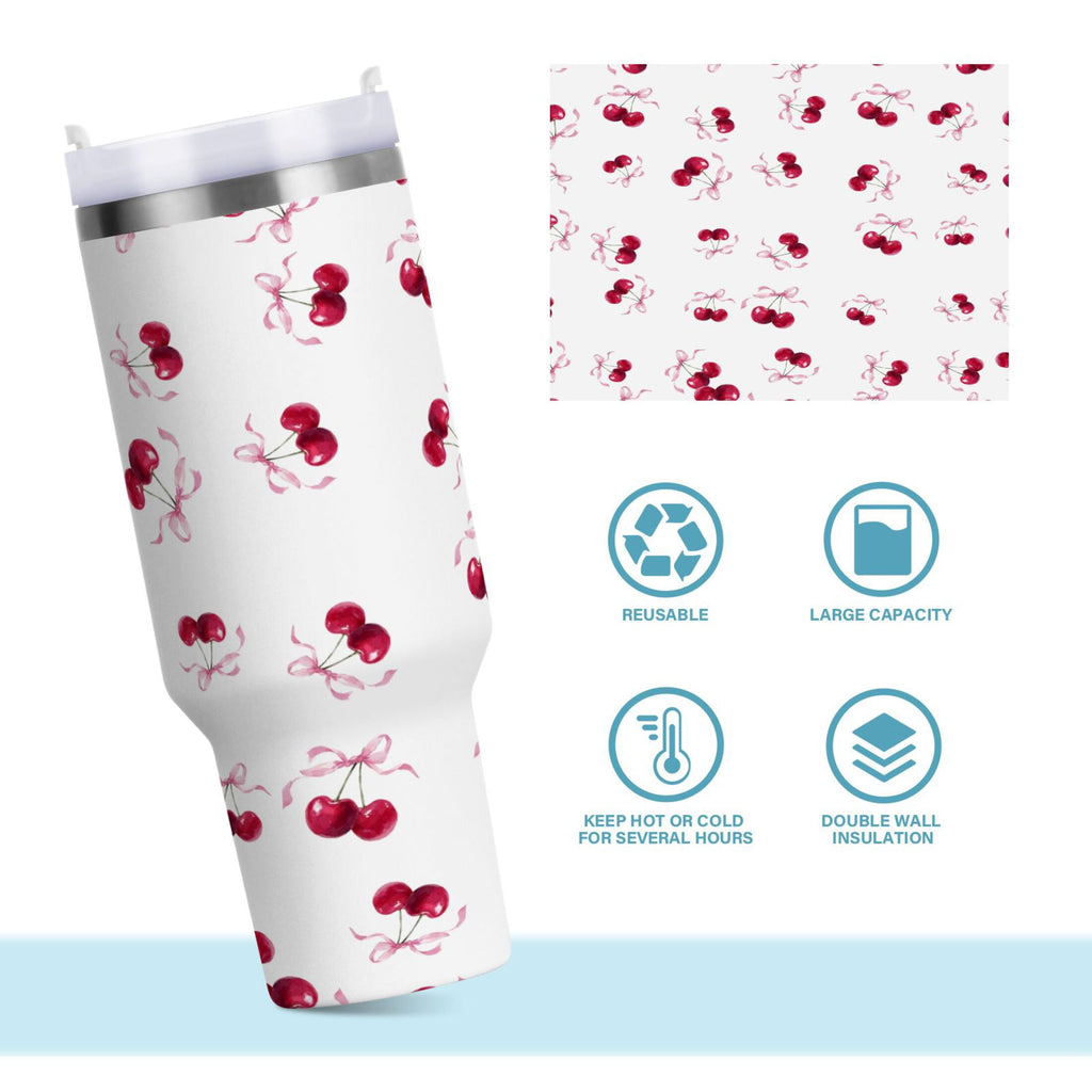 30 oz Insulated Stainless Steel Tumbler Double Wall Stainless Steel Tumbler with 2-Way Drinking Watercolor Cherries Pattern | DSFW