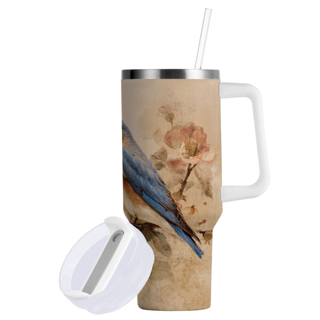 40 oz Insulated Stainless Steel Tumbler Double Wall Stainless Steel Tumbler with 2-Way Drinking Bluebird and Ancient Flowers | TZPP