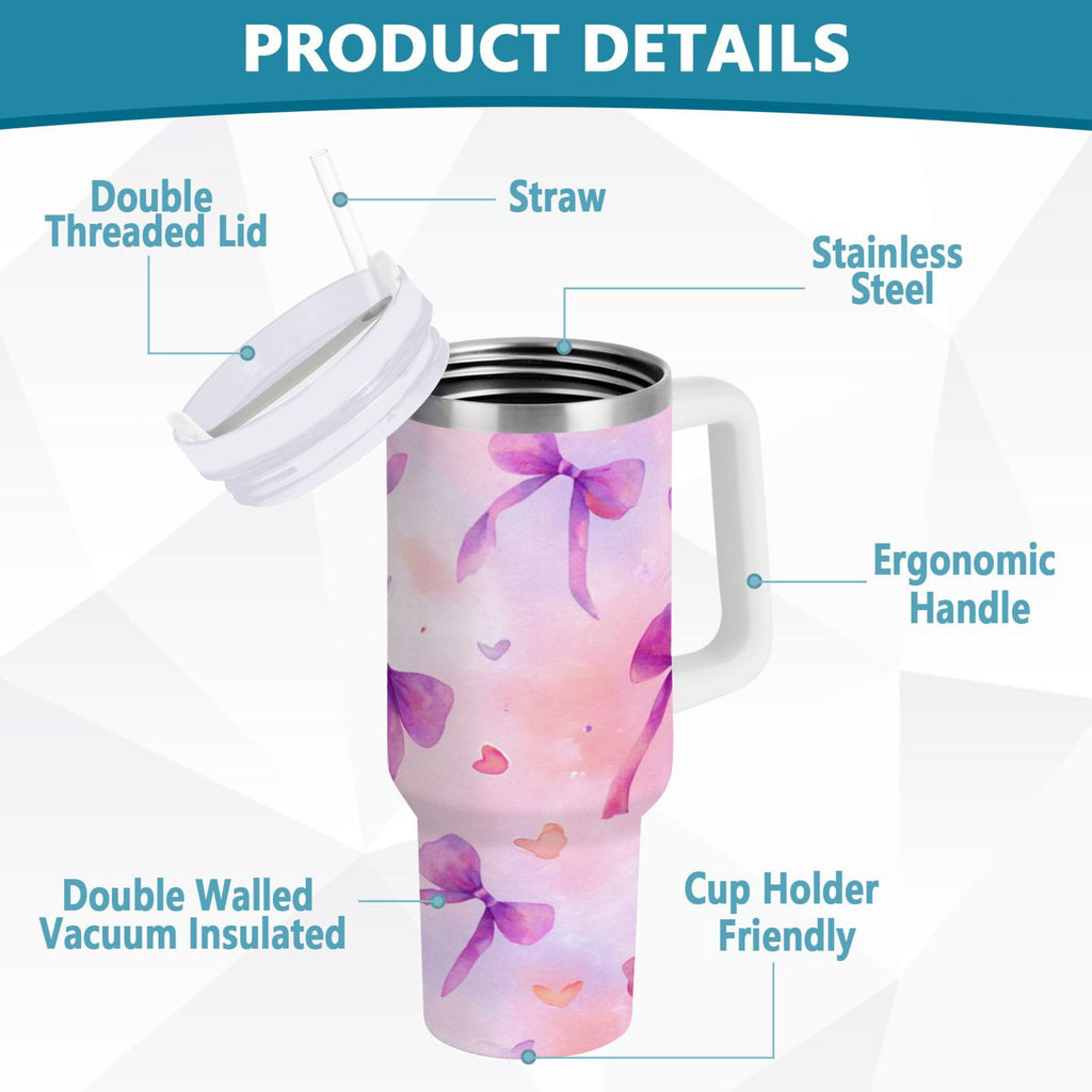 30 oz Insulated Stainless Steel Tumbler Double Wall Stainless Steel Tumbler with 2-Way Drinking Watercolor Purple Bows | CDPR