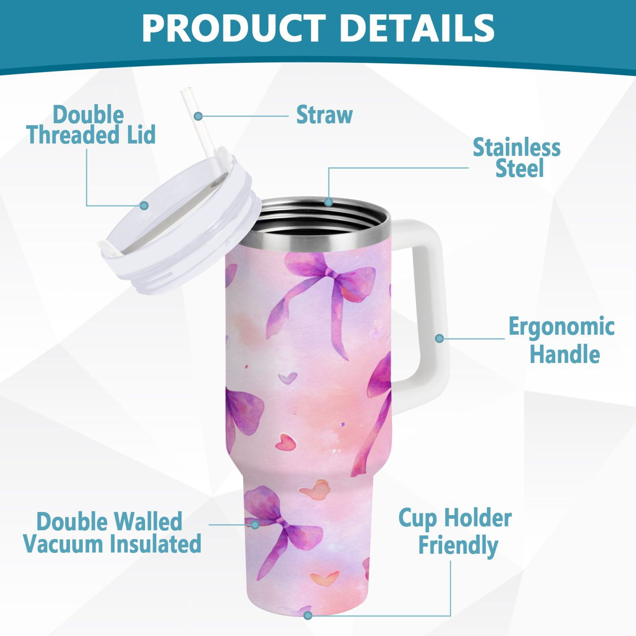 30 oz Insulated Stainless Steel Tumbler Double Wall Stainless Steel Tumbler with 2-Way Drinking Watercolor Purple Bows | CDPR