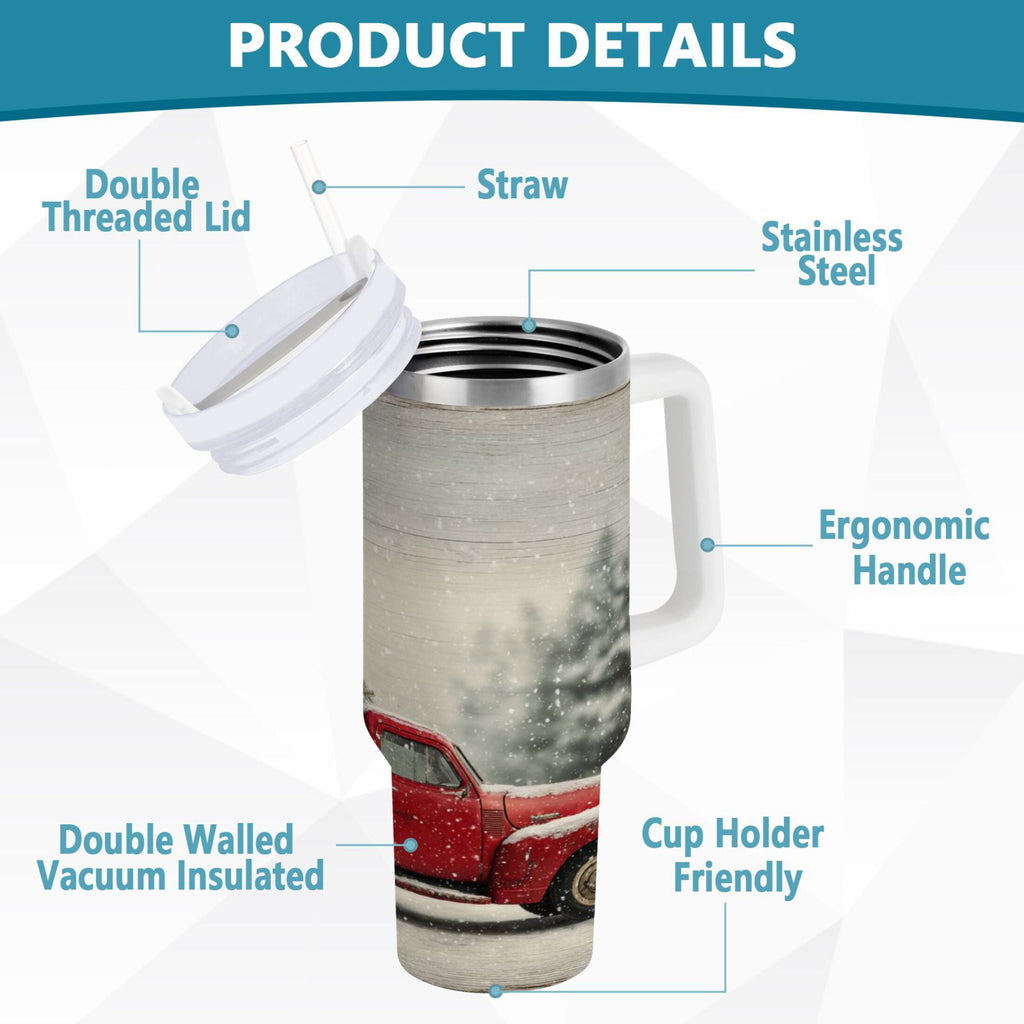 40 oz Insulated Stainless Steel Tumbler Double Wall Stainless Steel Tumbler with 2-Way Drinking Vintage Red Truck | IPK1