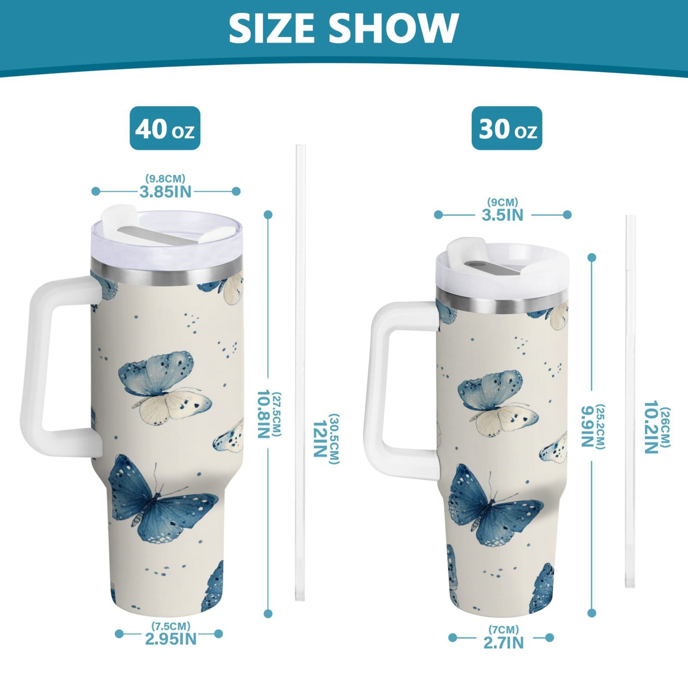 30 oz Insulated Stainless Steel Tumbler Double Wall Stainless Steel Tumbler with 2-Way Drinking Blue Watercolor Butterflies | V89G