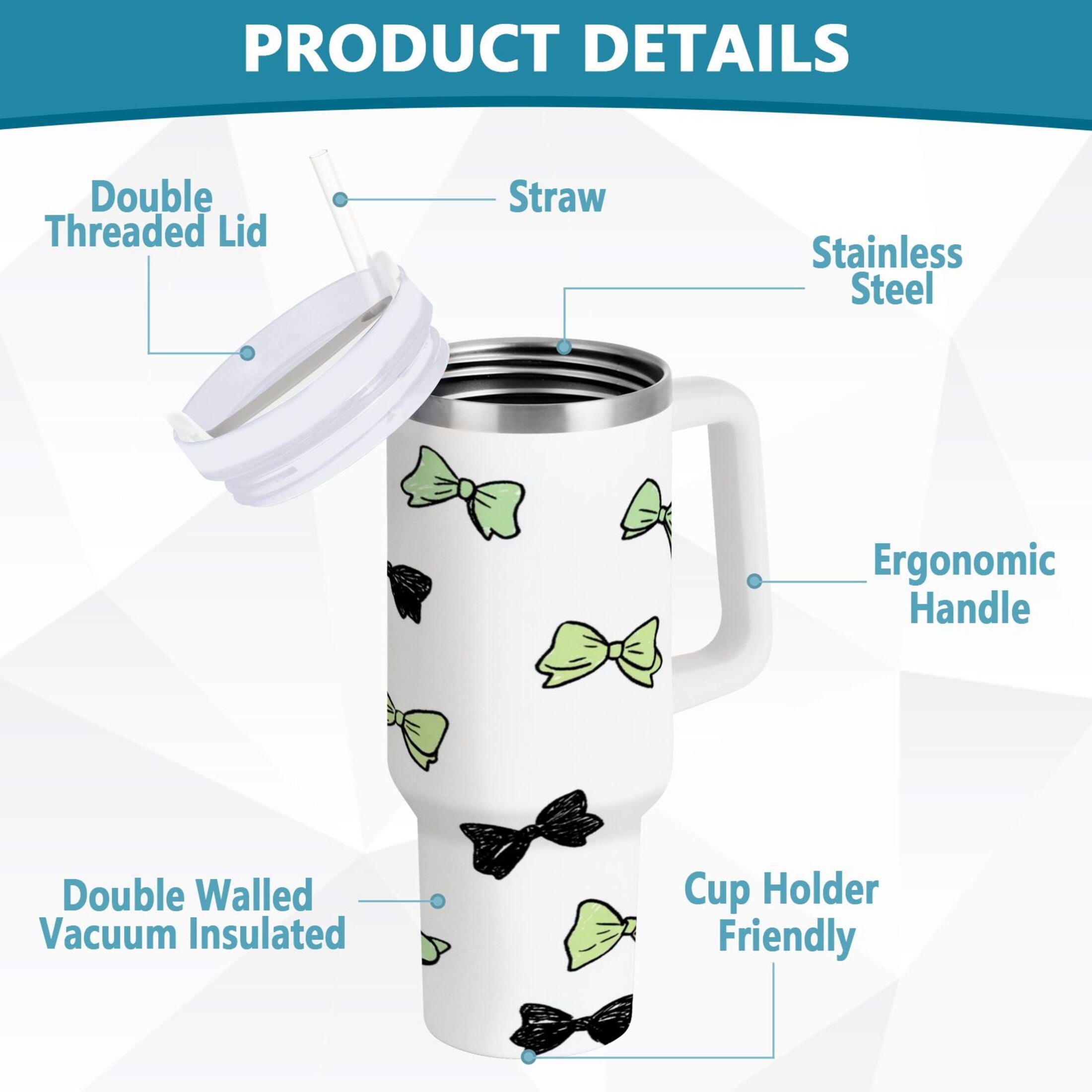 40 oz Insulated Stainless Steel Tumbler Double Wall Stainless Steel Tumbler with 2-Way Drinking Green and Black Bows | C2UY