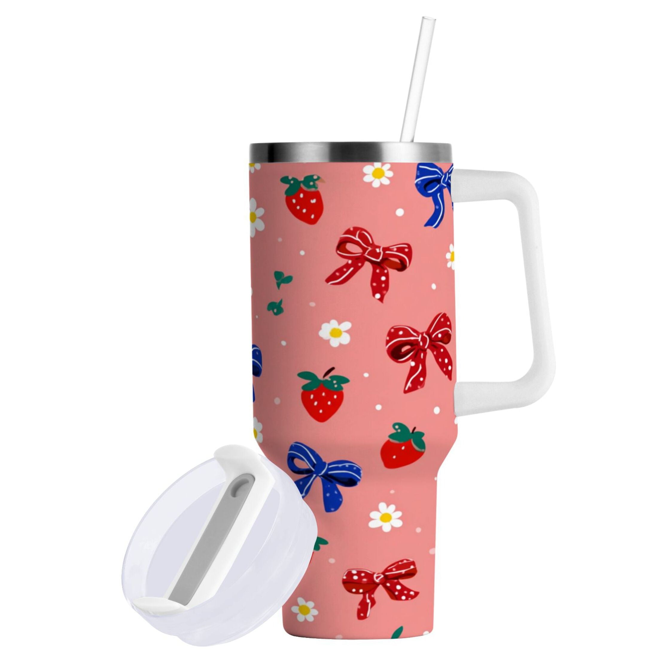 40 oz Insulated Stainless Steel Tumbler Double Wall Stainless Steel Tumbler with 2-Way Drinking Bows and Strawberries Pattern | 2KSY