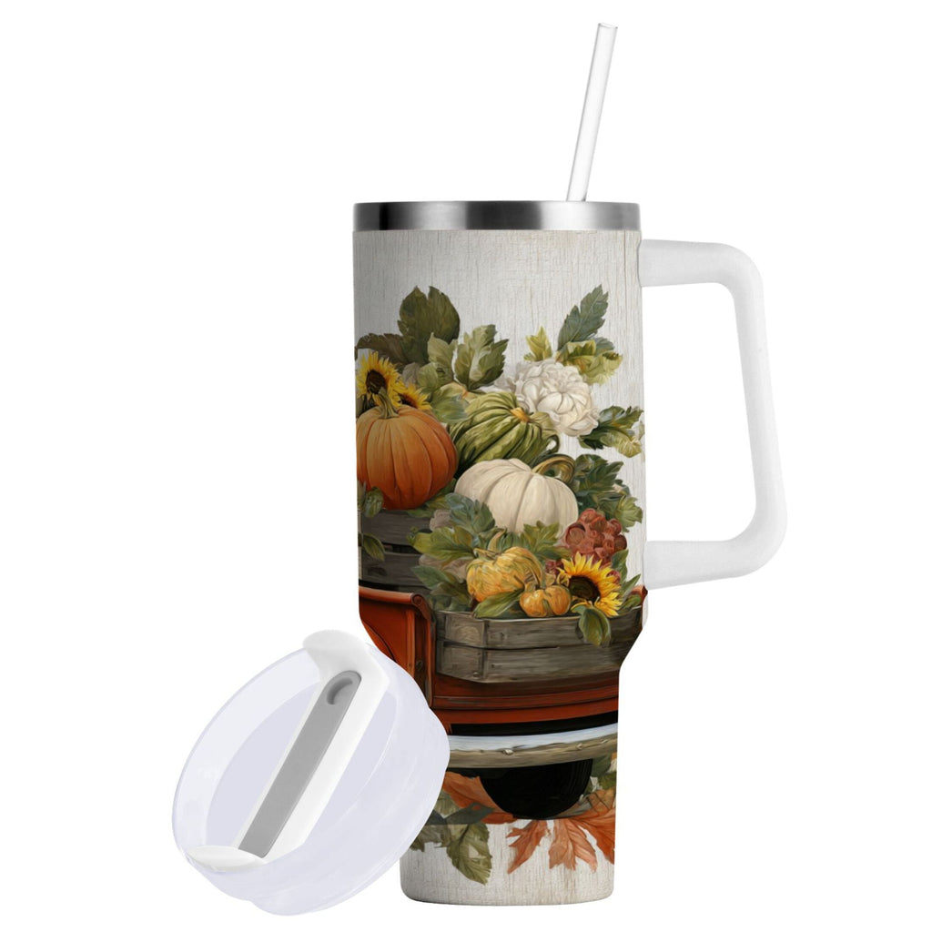 40 oz Insulated Stainless Steel Tumbler Double Wall Stainless Steel Tumbler with 2-Way Drinking Truck Full Of Pumpkins | DFZN