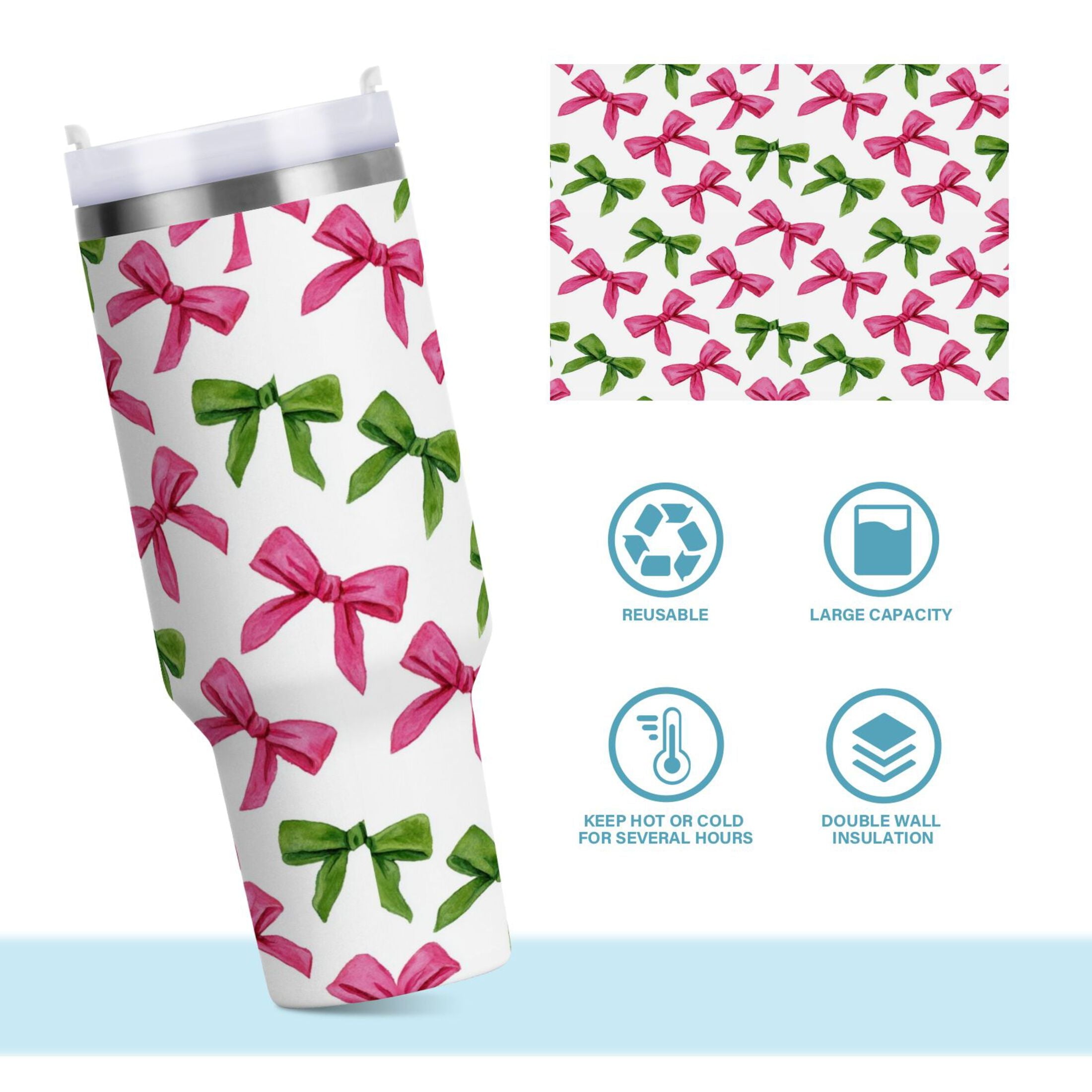 30 oz Insulated Stainless Steel Tumbler Double Wall Stainless Steel Tumbler with 2-Way Drinking Pink Bows and Green Ribbons | 3XR2