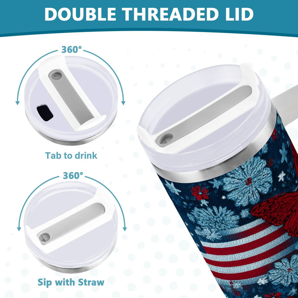 30 oz Insulated Stainless Steel Tumbler Double Wall Stainless Steel Tumbler with 2-Way Drinking Red Butterflies and Flags | PY3J