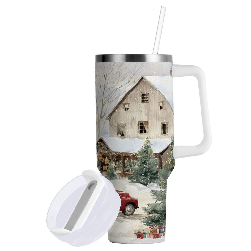 40 oz Insulated Stainless Steel Tumbler Double Wall Stainless Steel Tumbler with 2-Way Drinking Farm Snow Scene | M4ZF