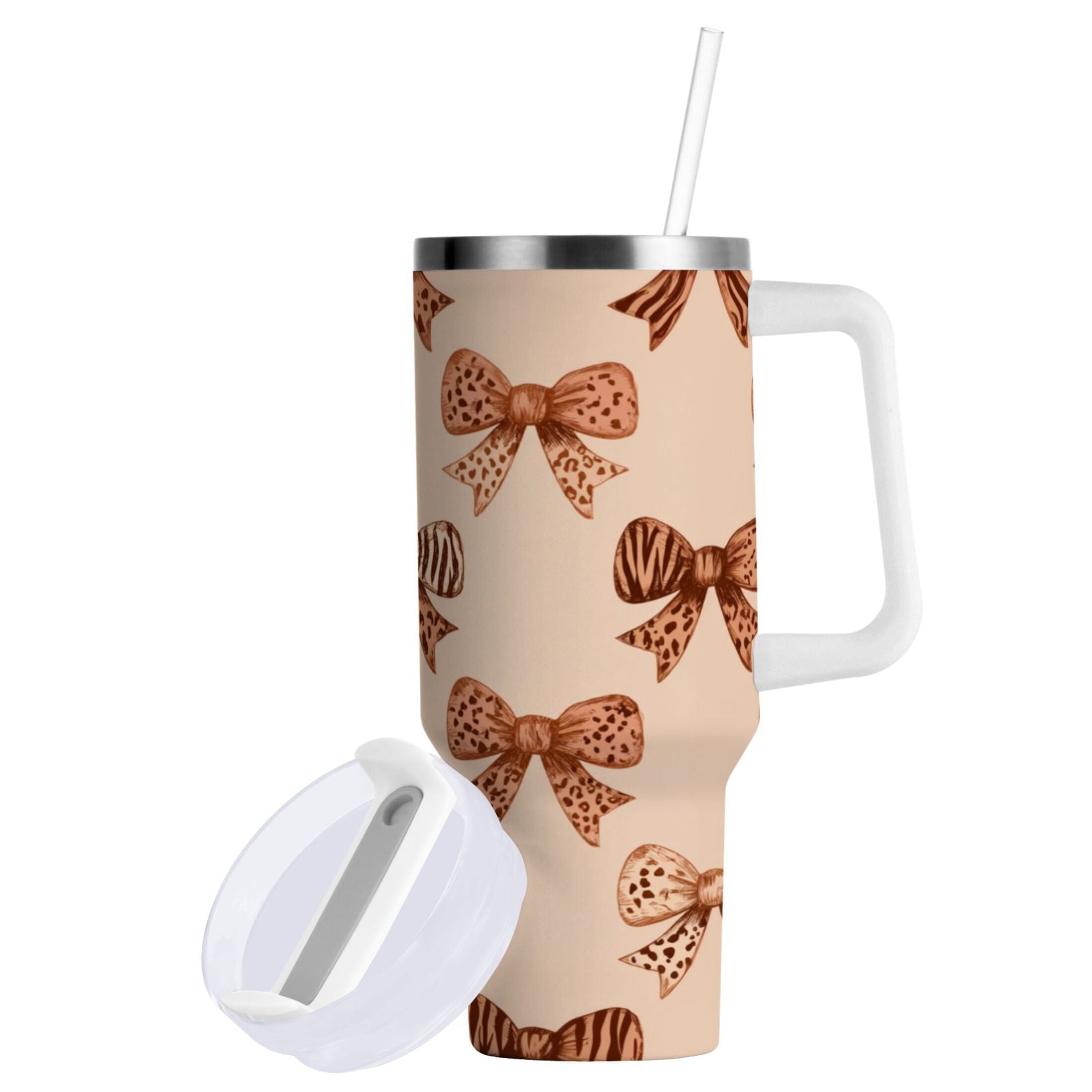 40 oz Insulated Stainless Steel Tumbler Double Wall Stainless Steel Tumbler with 2-Way Drinking Leopard Print Bow | FWQJ