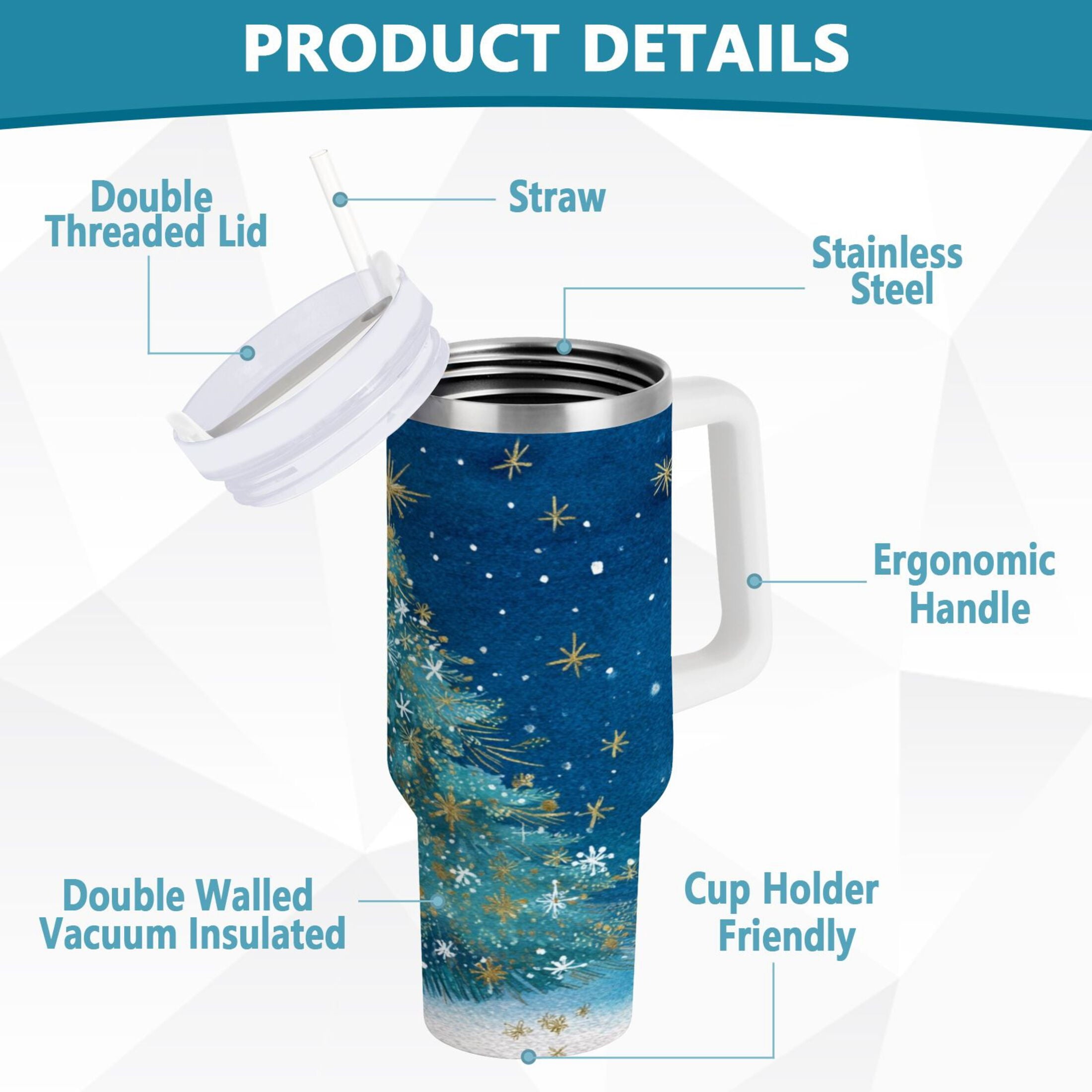 40 oz Insulated Stainless Steel Tumbler Double Wall Stainless Steel Tumbler with 2-Way Drinking Watercolor Christmas Tree | NVVL