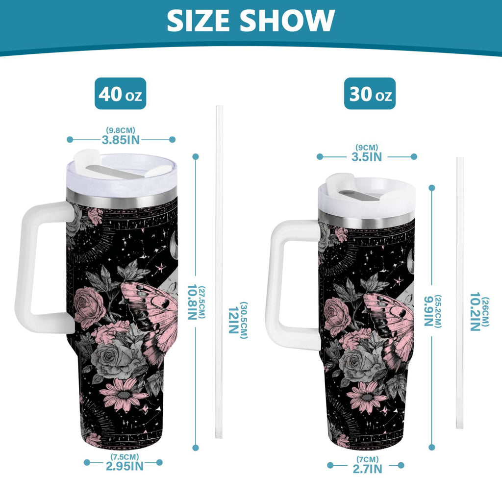 30 oz Insulated Stainless Steel Tumbler Double Wall Stainless Steel Tumbler with 2-Way Drinking Butterfly by Moon and Flowers | G7R9