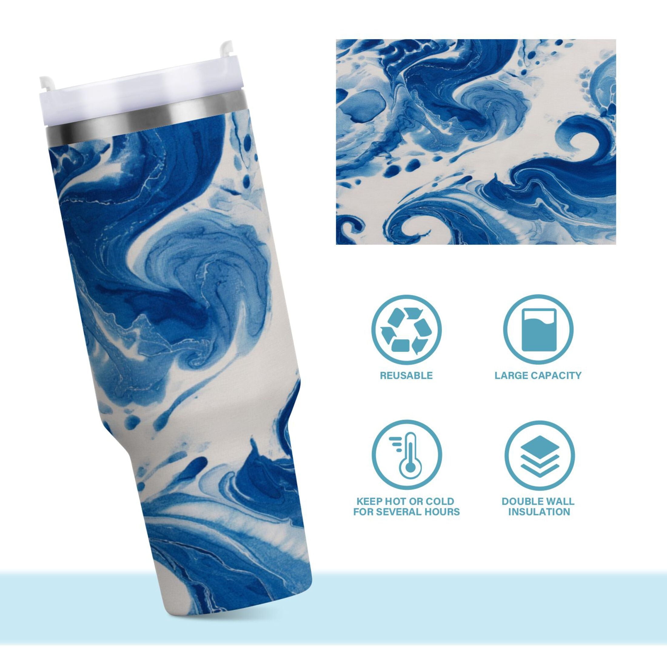 40 oz Insulated Stainless Steel Tumbler Double Wall Stainless Steel Tumbler with 2-Way Drinking Indigo Blue Tie-dye Pattern | 5HOA