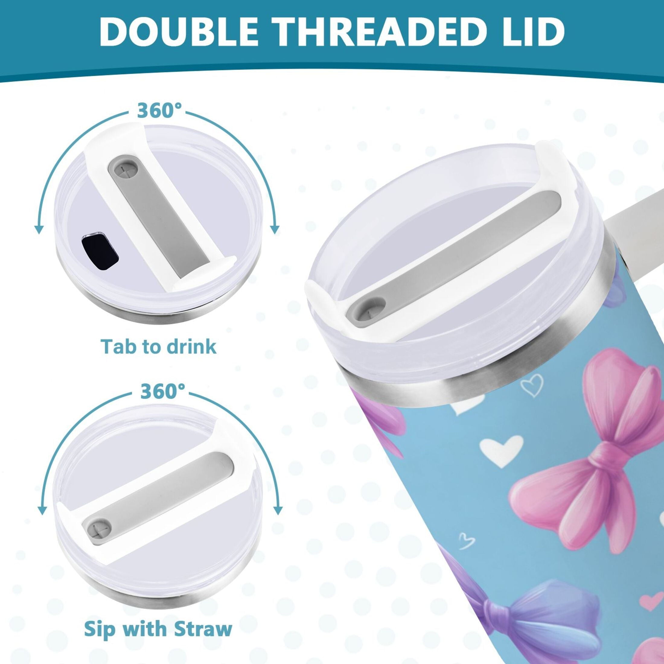 30 oz Insulated Stainless Steel Tumbler Double Wall Stainless Steel Tumbler with 2-Way Drinking Pink and Purple Bows | AORP