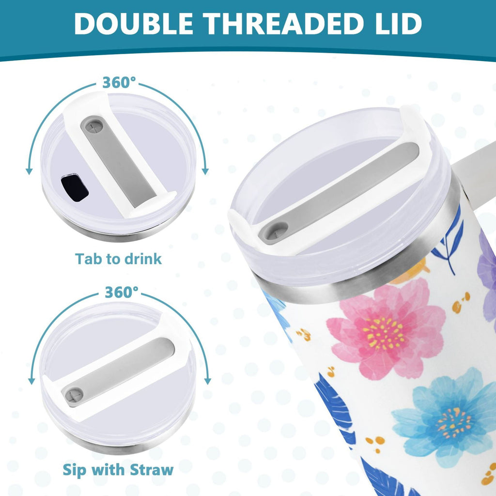 30 oz Insulated Stainless Steel Tumbler Double Wall Stainless Steel Tumbler with 2-Way Drinking Blue and Purple Flowers | HBCZ