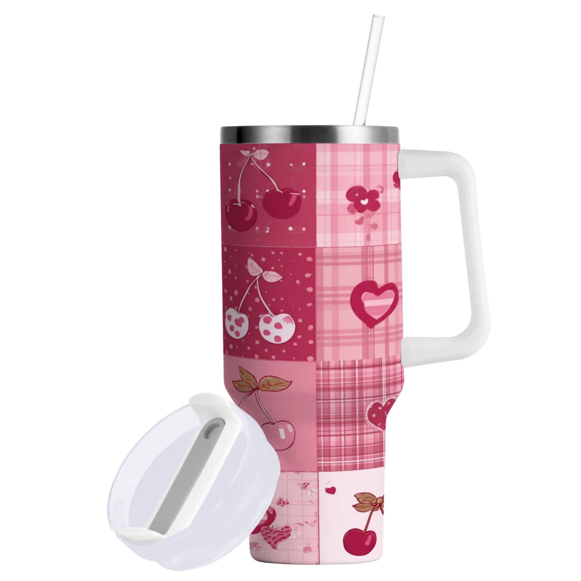 30 oz Insulated Stainless Steel Tumbler Double Wall Stainless Steel Tumbler with 2-Way Drinking Cherry Pattern with Bows | JTFF