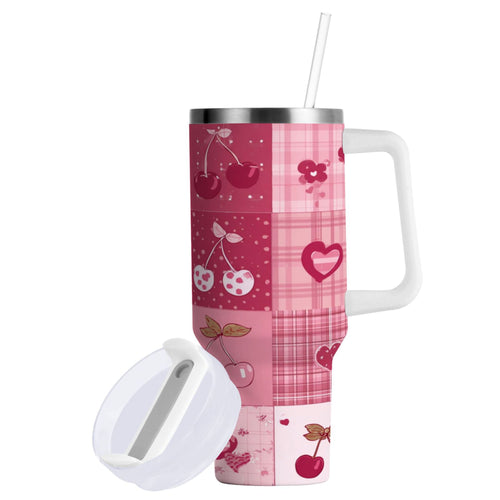 30 oz Insulated Stainless Steel Tumbler Double Wall Stainless Steel Tumbler with 2-Way Drinking Cherry Pattern with Bows | JTFF
