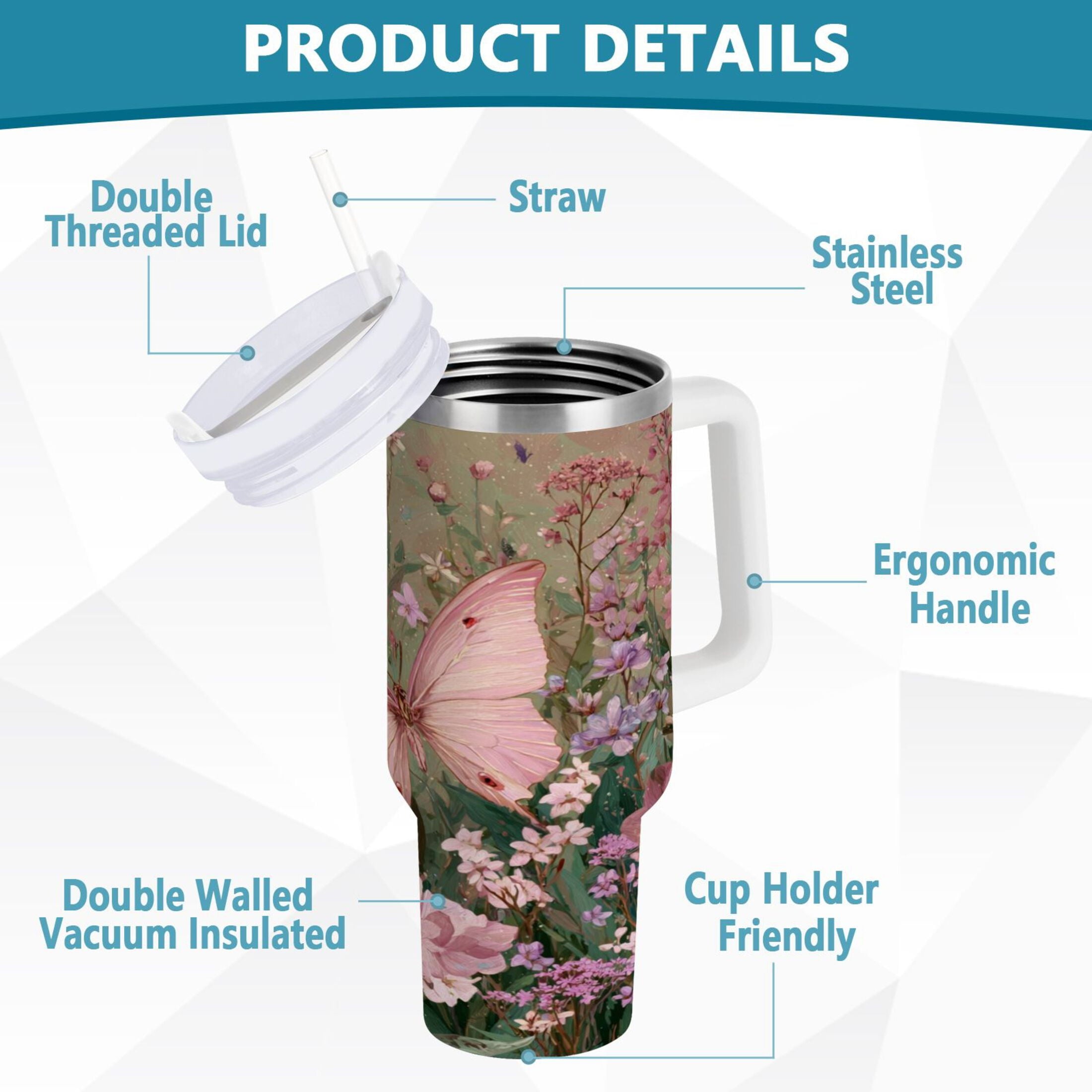 30 oz Insulated Stainless Steel Tumbler Double Wall Stainless Steel Tumbler with 2-Way Drinking Delicate Butterfly | 2TRI