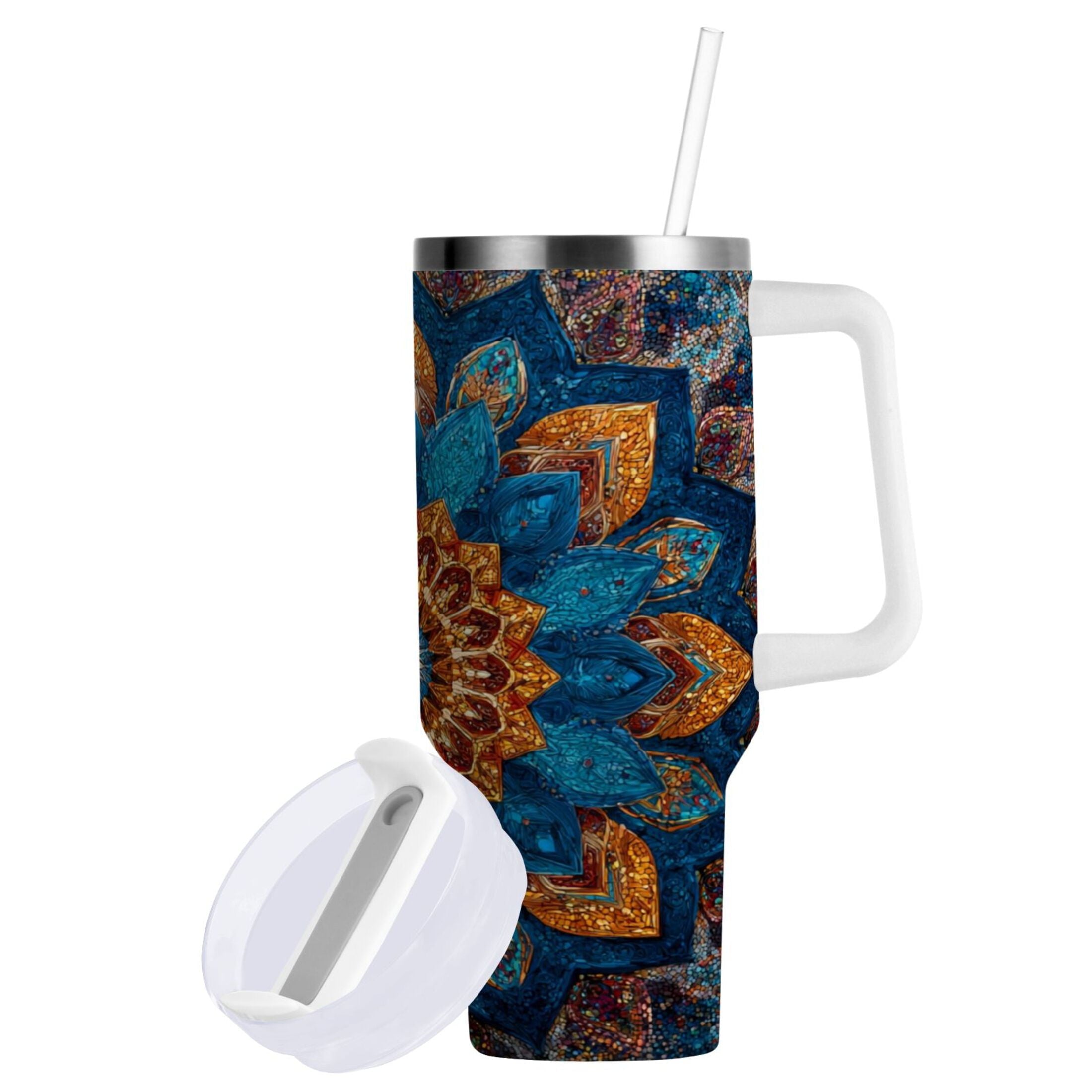 40 oz Insulated Stainless Steel Tumbler Double Wall Stainless Steel Tumbler with 2-Way Drinking Intricate Geometric Shapes | PH94