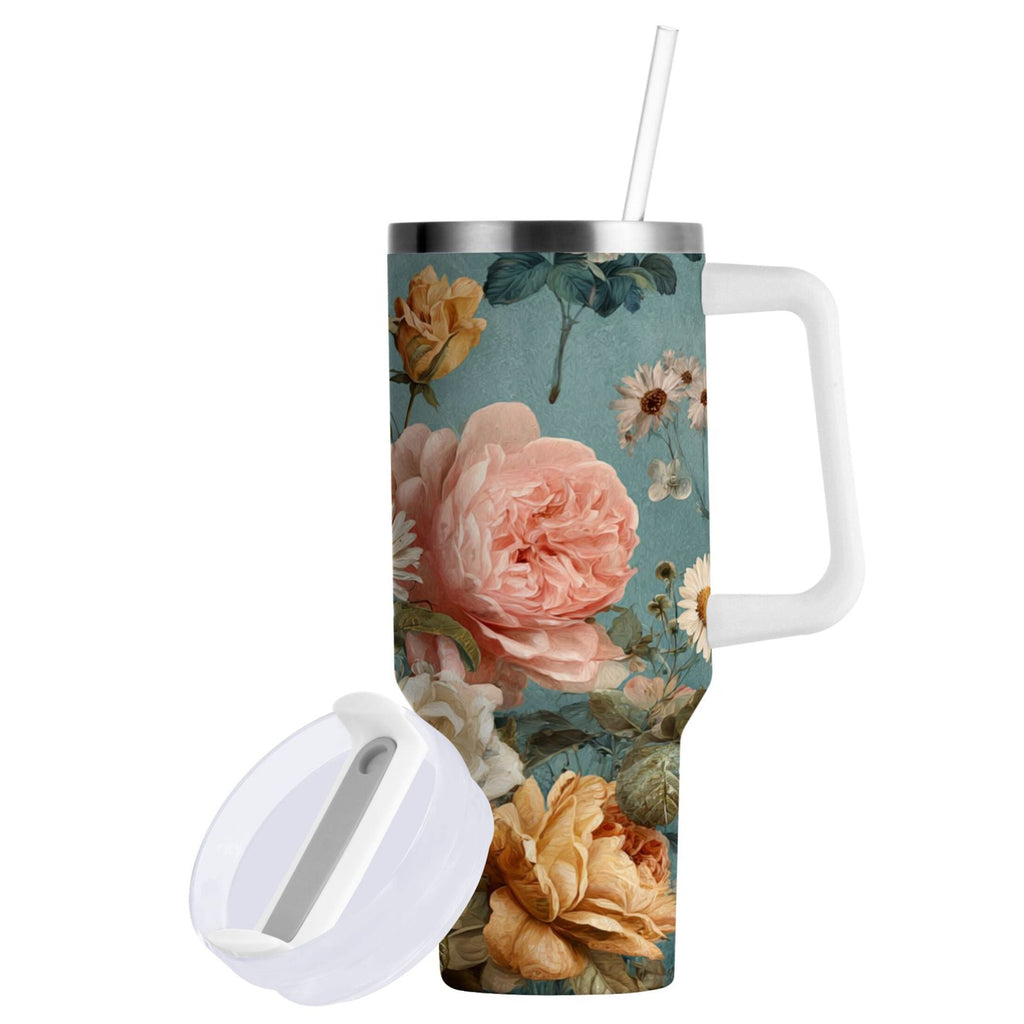 30 oz Insulated Stainless Steel Tumbler Double Wall Stainless Steel Tumbler with 2-Way Drinking Vintage Roses and Peonies | 2X6L