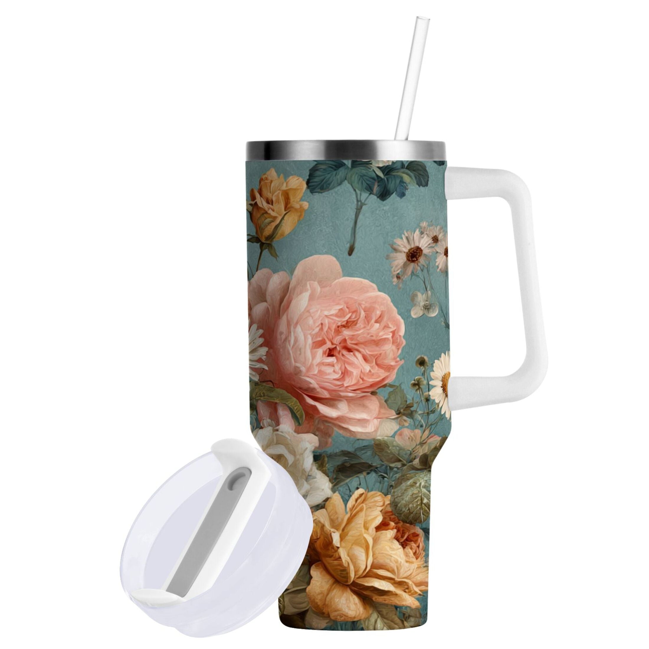 30 oz Insulated Stainless Steel Tumbler Double Wall Stainless Steel Tumbler with 2-Way Drinking Vintage Roses and Peonies | 2X6L