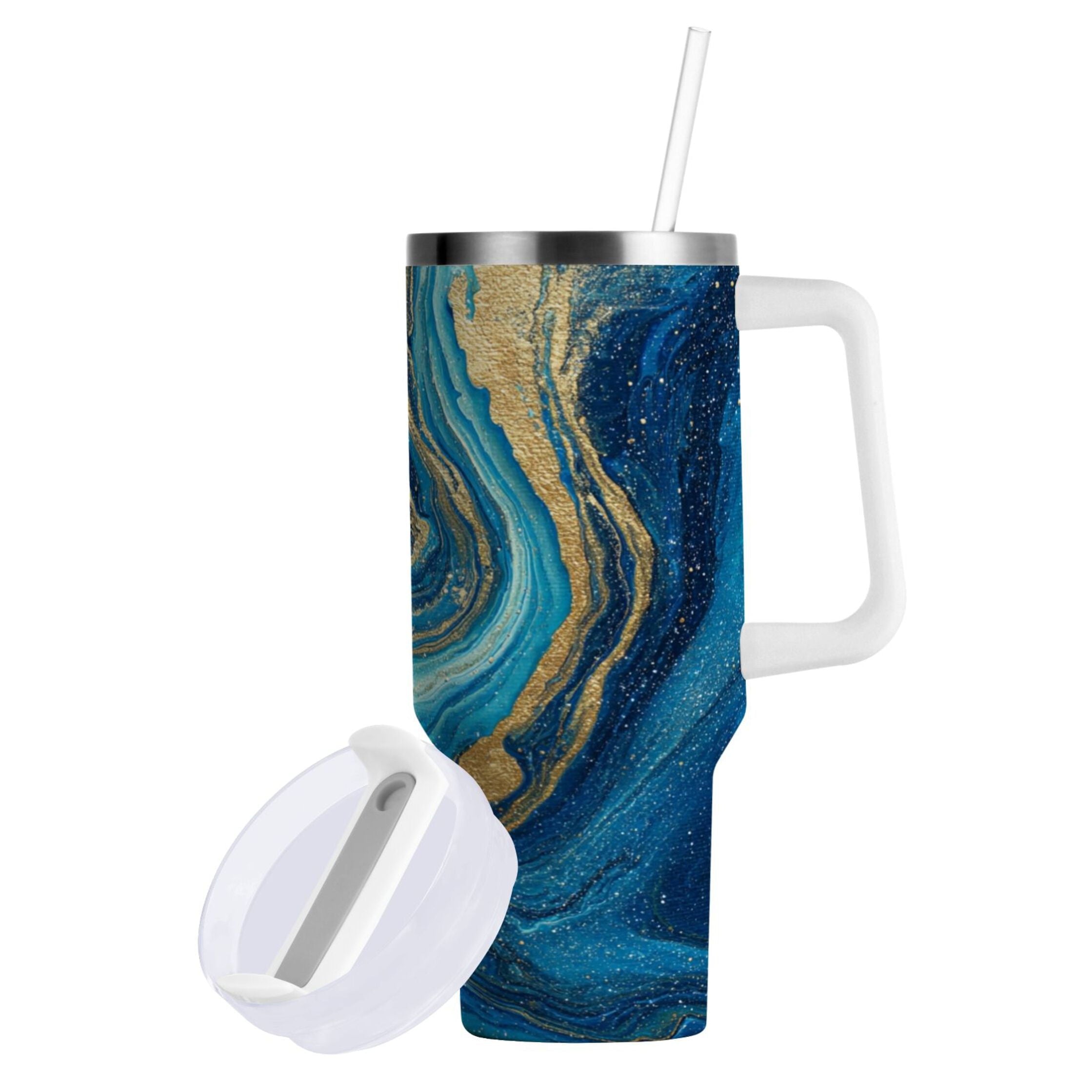 30 oz Insulated Stainless Steel Tumbler Double Wall Stainless Steel Tumbler with 2-Way Drinking Blue and Gold Ocean | NC8K