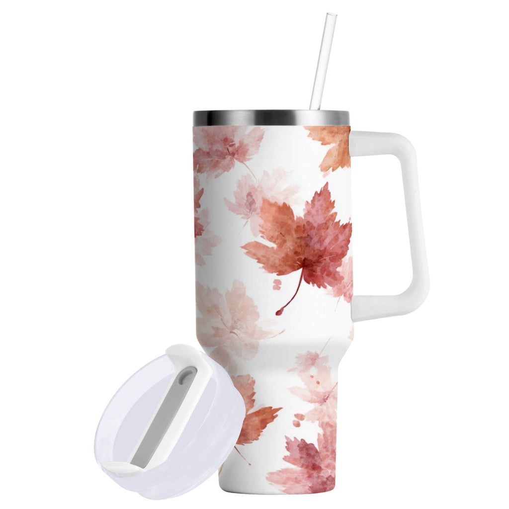 30 oz Insulated Stainless Steel Tumbler Double Wall Stainless Steel Tumbler with 2-Way Drinking Watercolor Pink Maple Leaves | IVVR