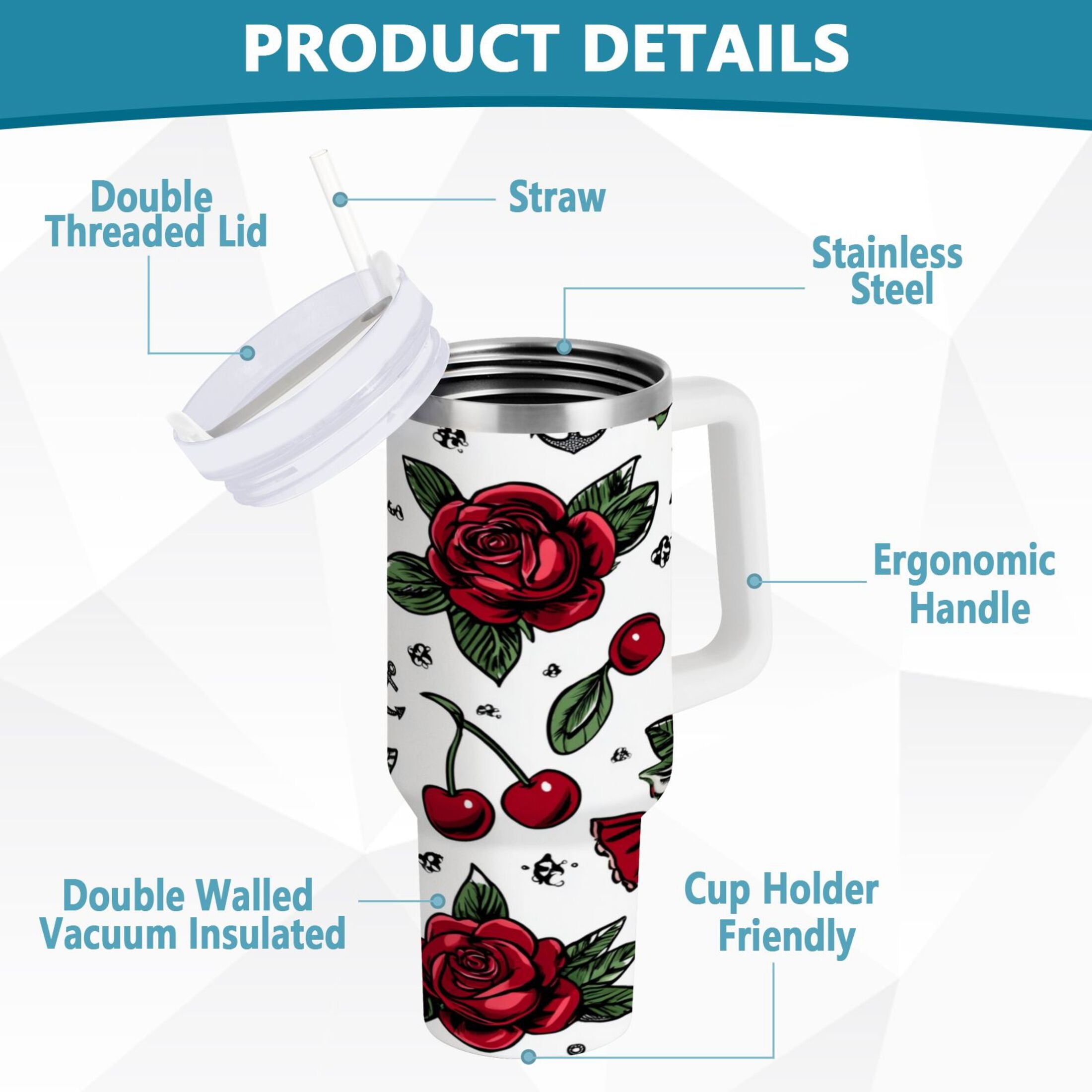40 oz Insulated Stainless Steel Tumbler Double Wall Stainless Steel Tumbler with 2-Way Drinking Red Roses and Cherries | NJNQ