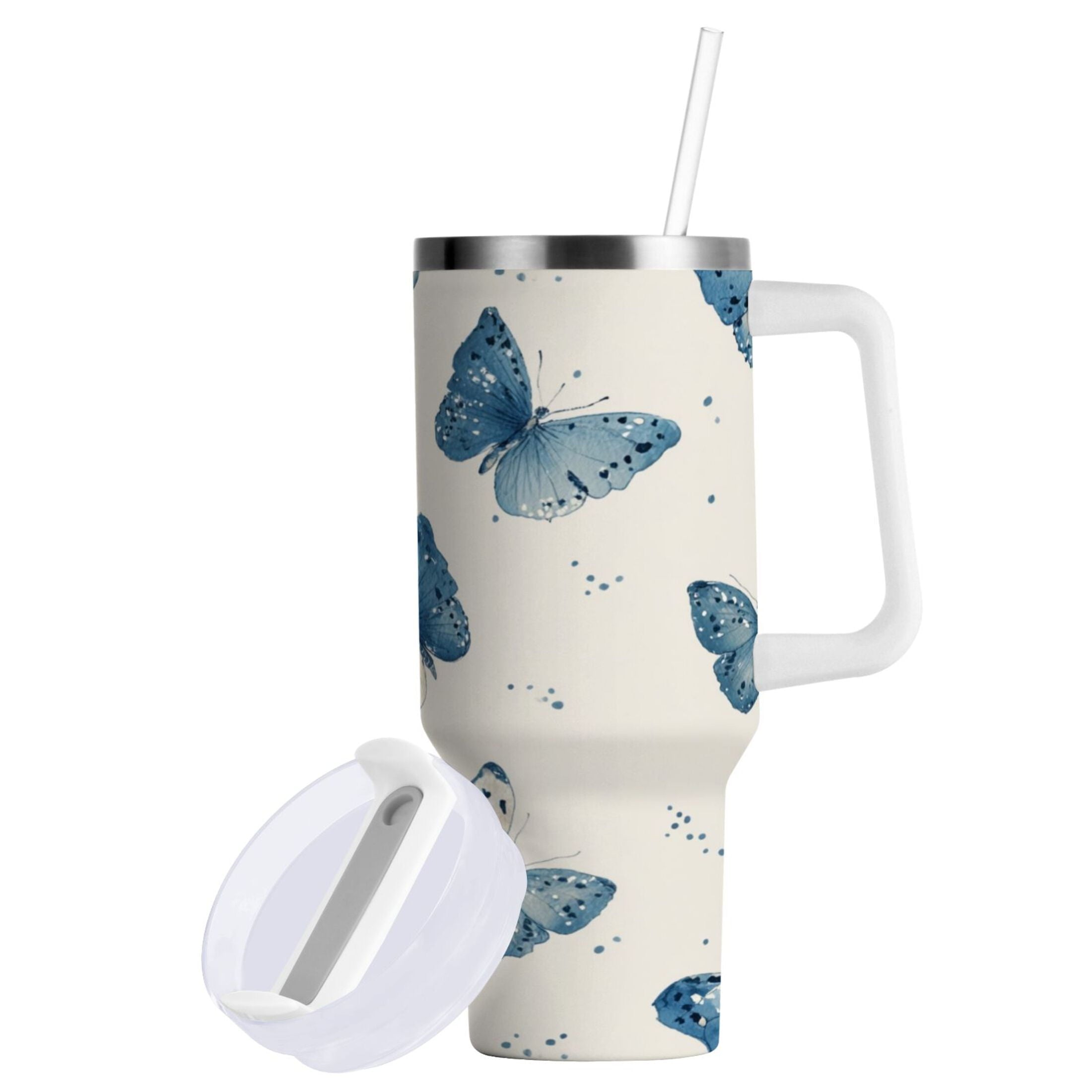 30 oz Insulated Stainless Steel Tumbler Double Wall Stainless Steel Tumbler with 2-Way Drinking Blue Watercolor Butterflies | V89G