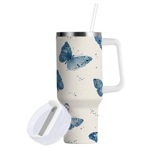 30 oz Insulated Stainless Steel Tumbler Double Wall Stainless Steel Tumbler with 2-Way Drinking Blue Watercolor Butterflies | V89G
