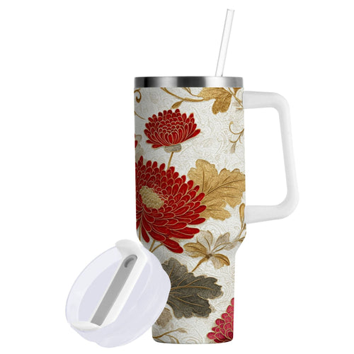 30 oz Insulated Stainless Steel Tumbler Double Wall Stainless Steel Tumbler with 2-Way Drinking Red Chrysanthemum Pattern | EJZ9