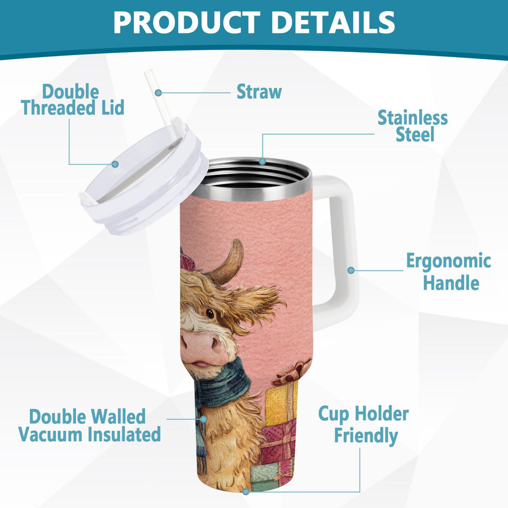 30 oz Insulated Stainless Steel Tumbler Double Wall Stainless Steel Tumbler with 2-Way Drinking Cow Wearing Scarf and Hat | SMZO