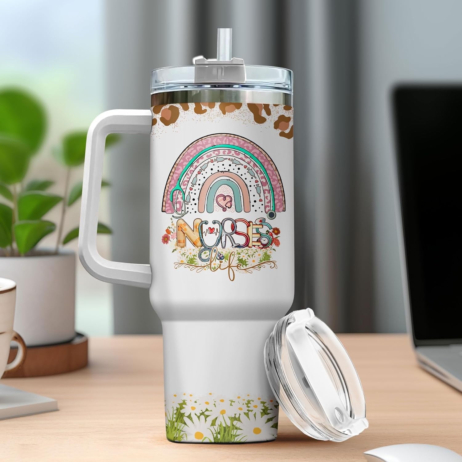 Tumbler 40 Oz With Handle Lid And Straw, Nurse Gifts, Black Camo White Engraved Print Travel Nurses Tumblers Handle Funny Cups Nursing For, Great Nurse Rainbow Daisy Flower | 86KP