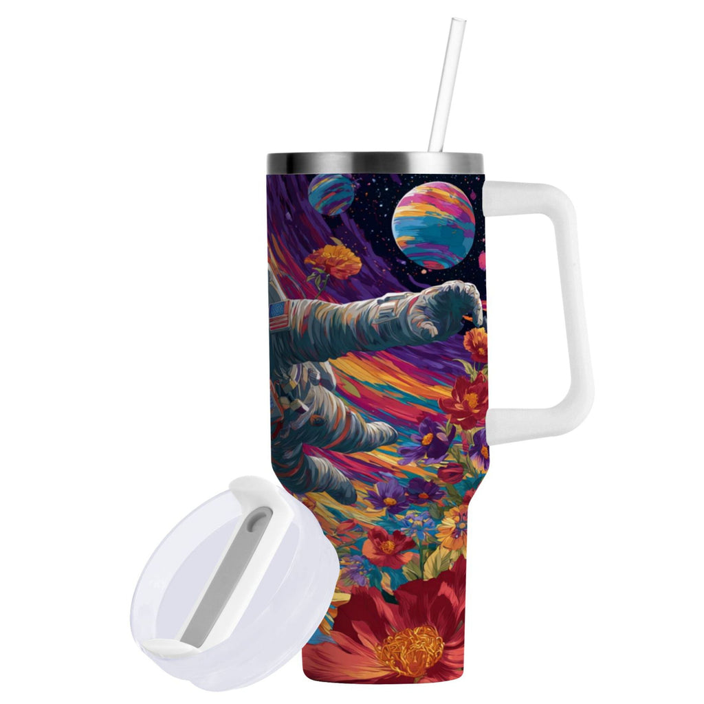40 oz Insulated Stainless Steel Tumbler Double Wall Stainless Steel Tumbler with 2-Way Drinking Colorful Flowers and Planets | R6FR