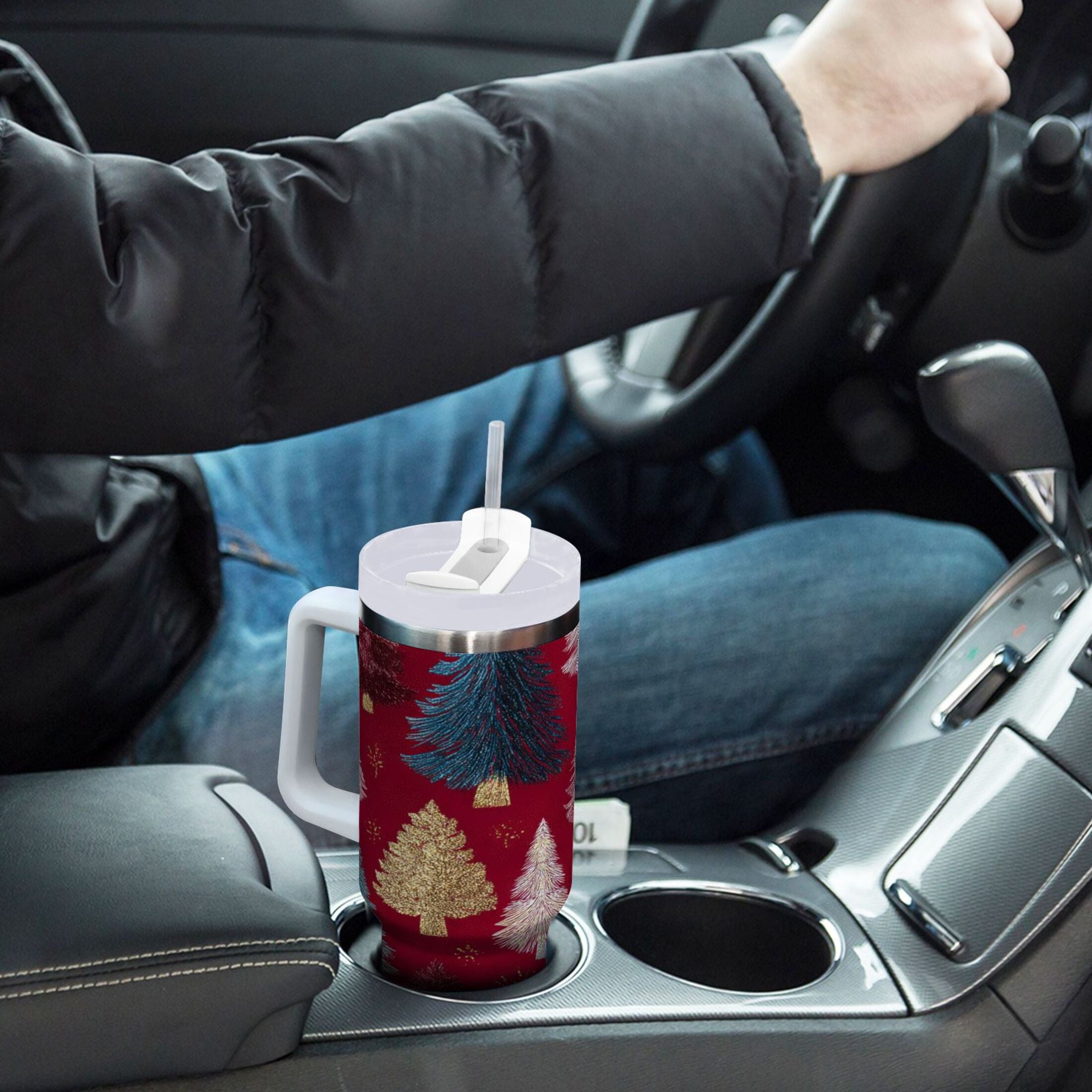 30 oz Insulated Stainless Steel Tumbler Double Wall Stainless Steel Tumbler with 2-Way Drinking Stylized Christmas Trees | UQTB