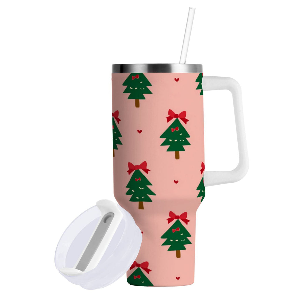 40 oz Insulated Stainless Steel Tumbler Double Wall Stainless Steel Tumbler with 2-Way Drinking Green Trees and Red Bows | ZVWJ