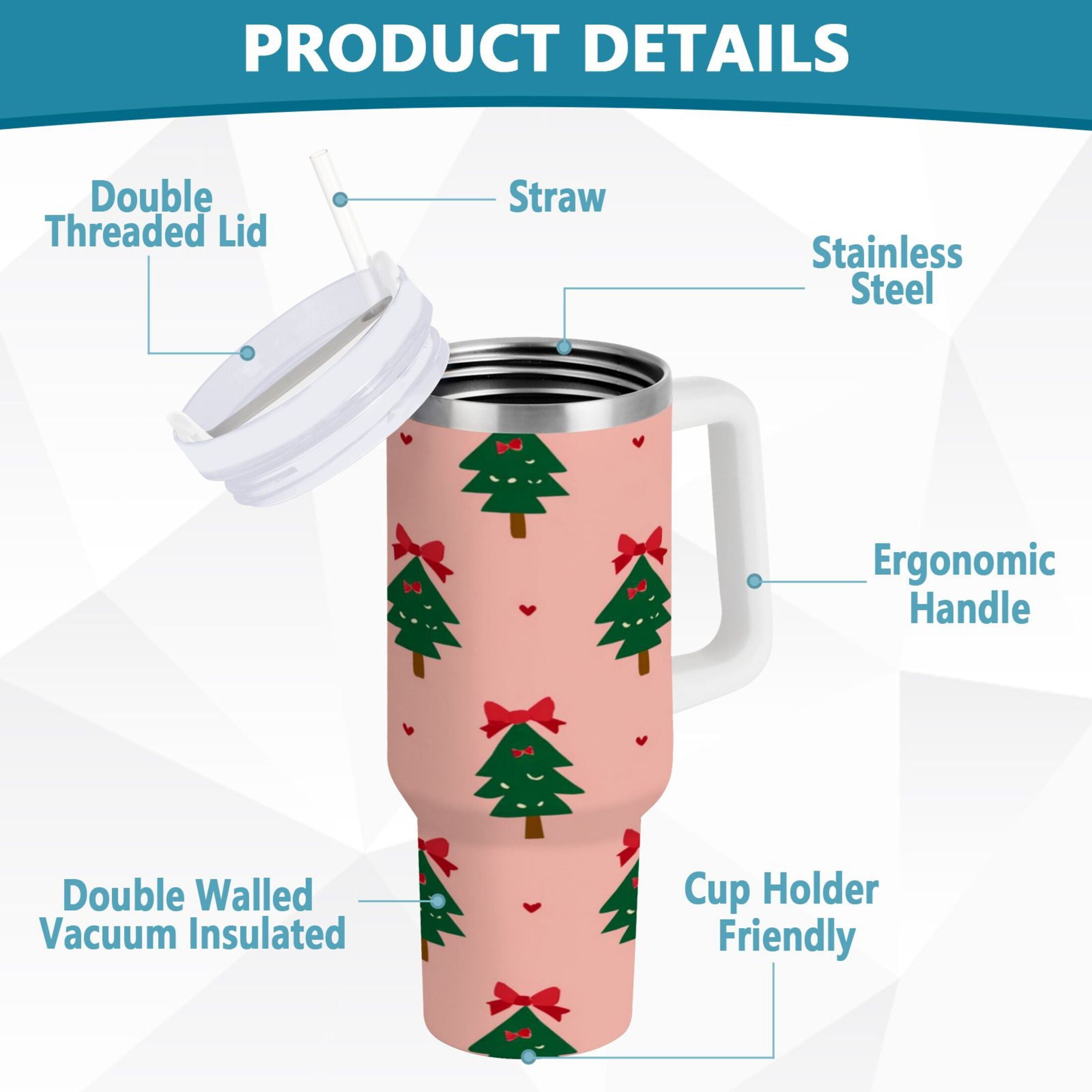40 oz Insulated Stainless Steel Tumbler Double Wall Stainless Steel Tumbler with 2-Way Drinking Green Trees and Red Bows | ZVWJ