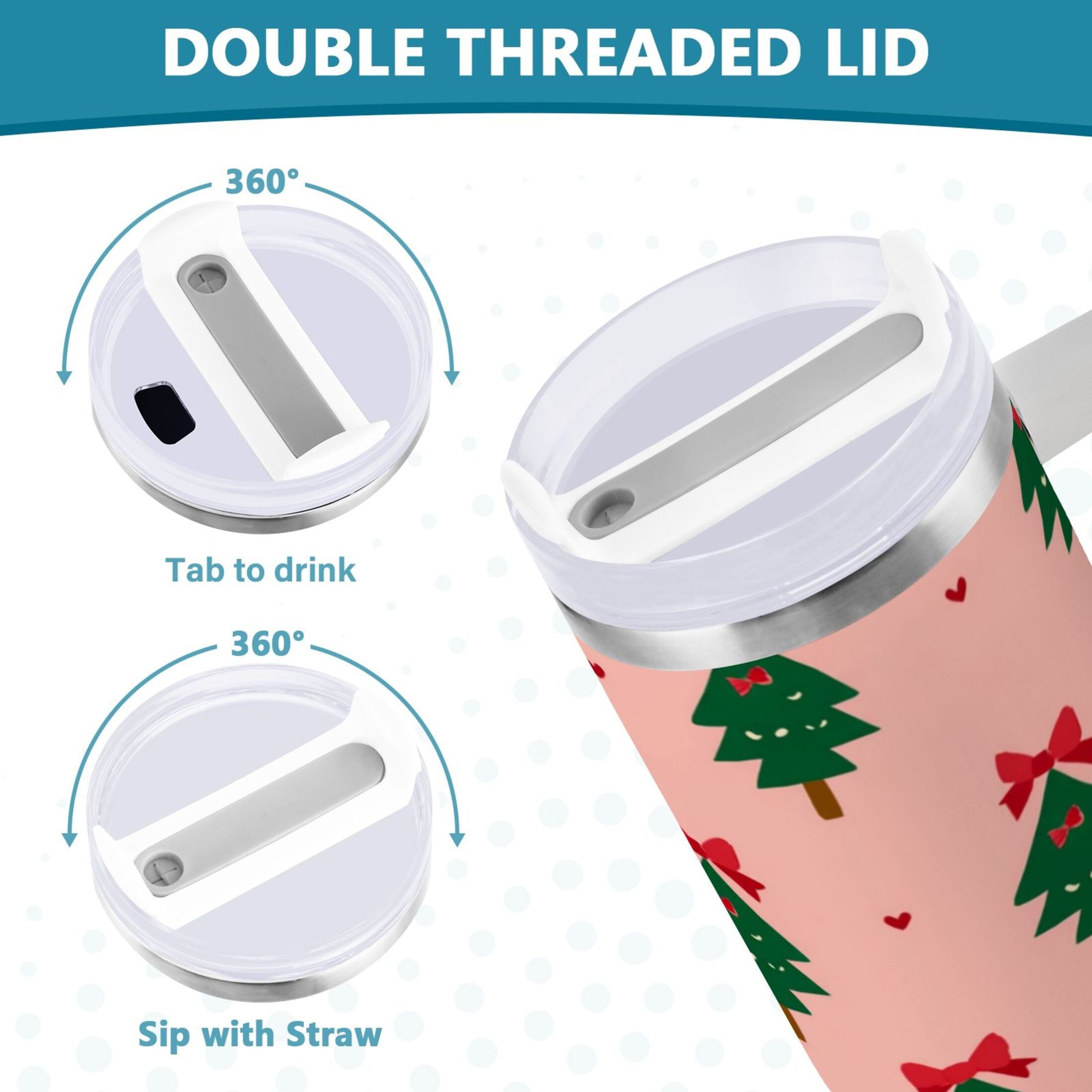 40 oz Insulated Stainless Steel Tumbler Double Wall Stainless Steel Tumbler with 2-Way Drinking Green Trees and Red Bows | ZVWJ