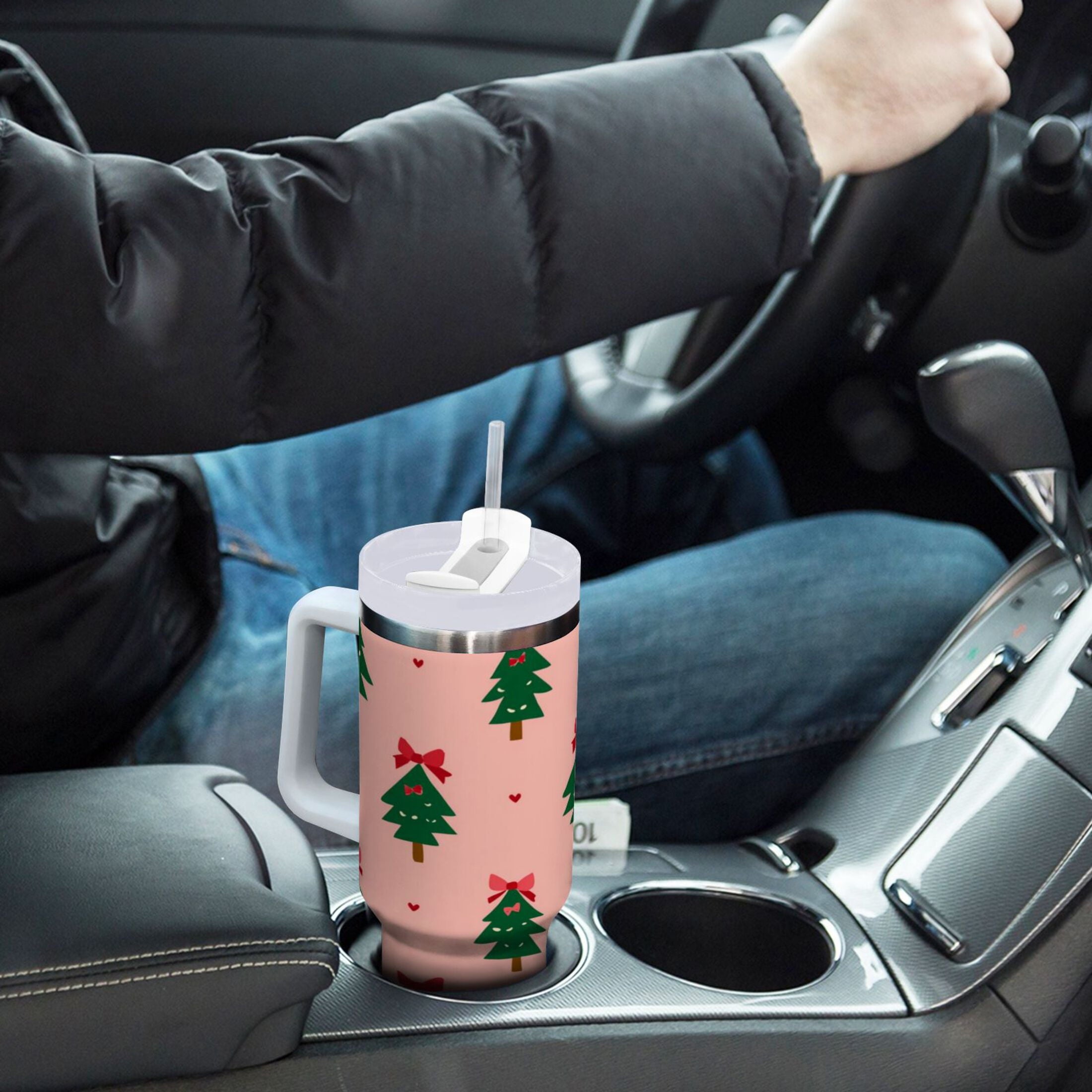 40 oz Insulated Stainless Steel Tumbler Double Wall Stainless Steel Tumbler with 2-Way Drinking Green Trees and Red Bows | ZVWJ