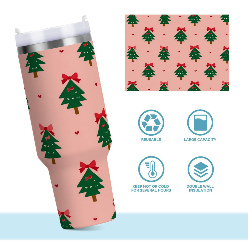 40 oz Insulated Stainless Steel Tumbler Double Wall Stainless Steel Tumbler with 2-Way Drinking Green Trees and Red Bows | ZVWJ