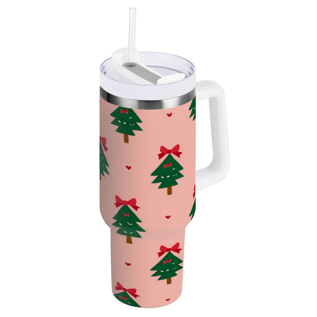 40 oz Insulated Stainless Steel Tumbler Double Wall Stainless Steel Tumbler with 2-Way Drinking Green Trees and Red Bows | ZVWJ