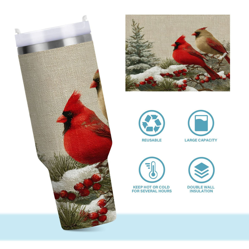 30 oz Insulated Stainless Steel Tumbler Double Wall Stainless Steel Tumbler with 2-Way Drinking Bird and Snow-covered Trees | L05G