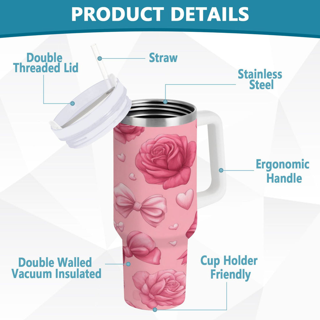 40 oz Insulated Stainless Steel Tumbler Double Wall Stainless Steel Tumbler with 2-Way Drinking Roses and Bows Pattern | F0HD