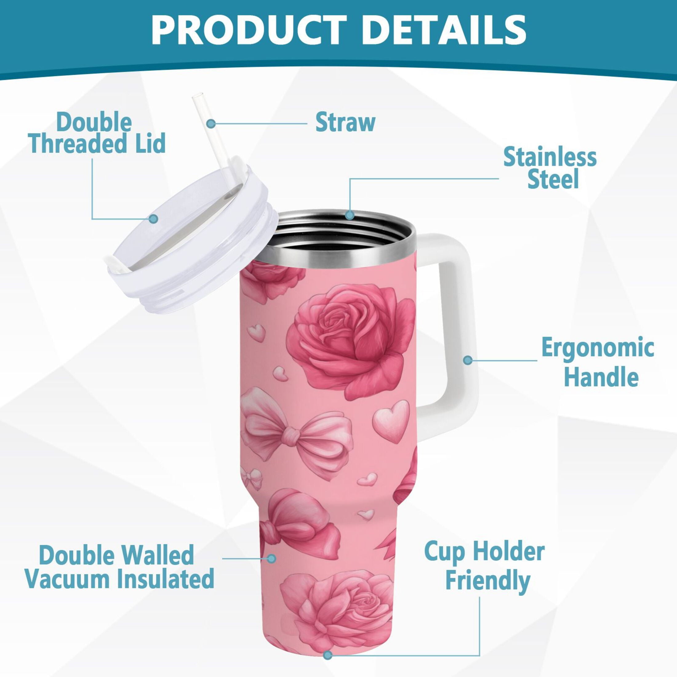 40 oz Insulated Stainless Steel Tumbler Double Wall Stainless Steel Tumbler with 2-Way Drinking Roses and Bows Pattern | F0HD