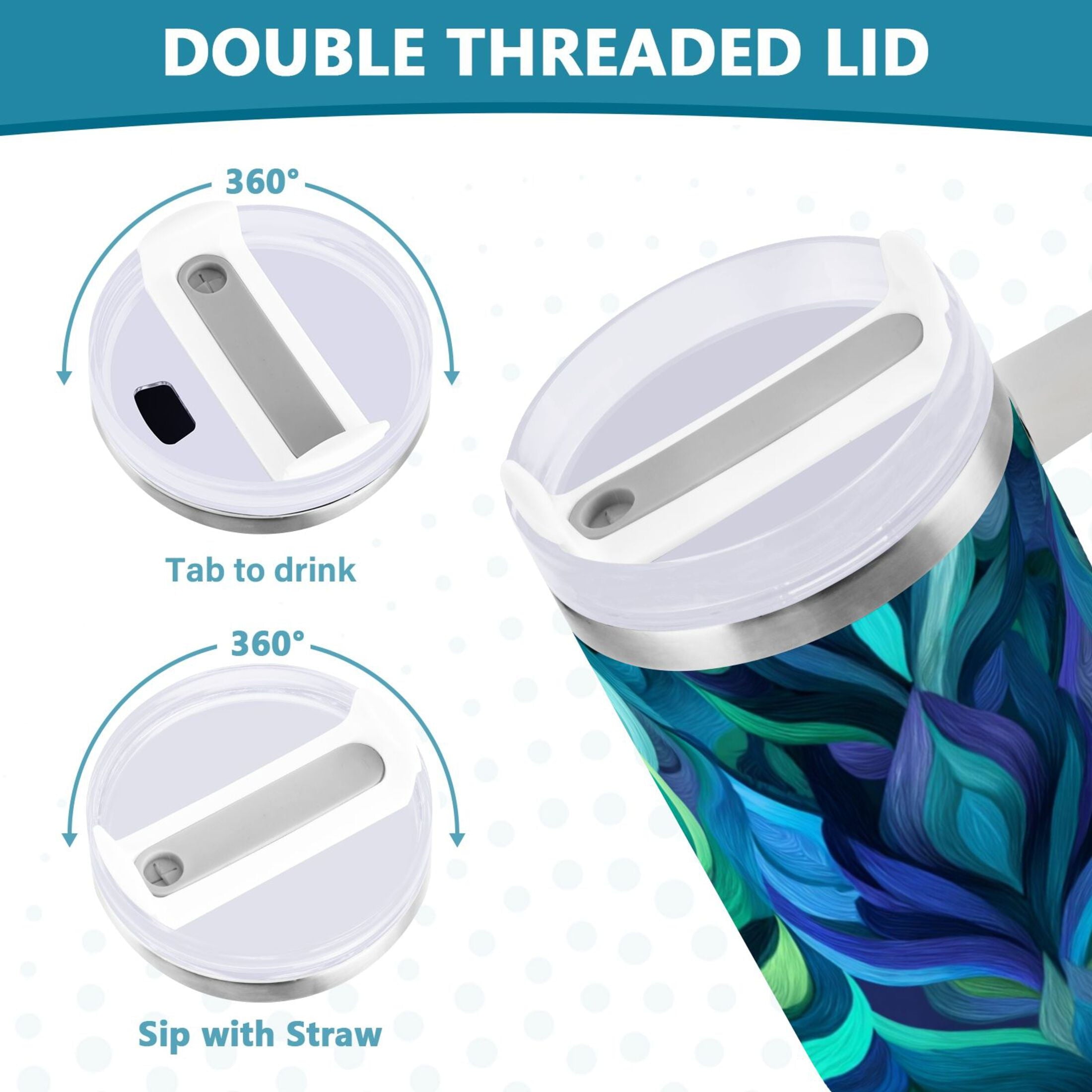 40 oz Insulated Stainless Steel Tumbler Double Wall Stainless Steel Tumbler with 2-Way Drinking Elegant Blue Abstract Shapes | LV9J