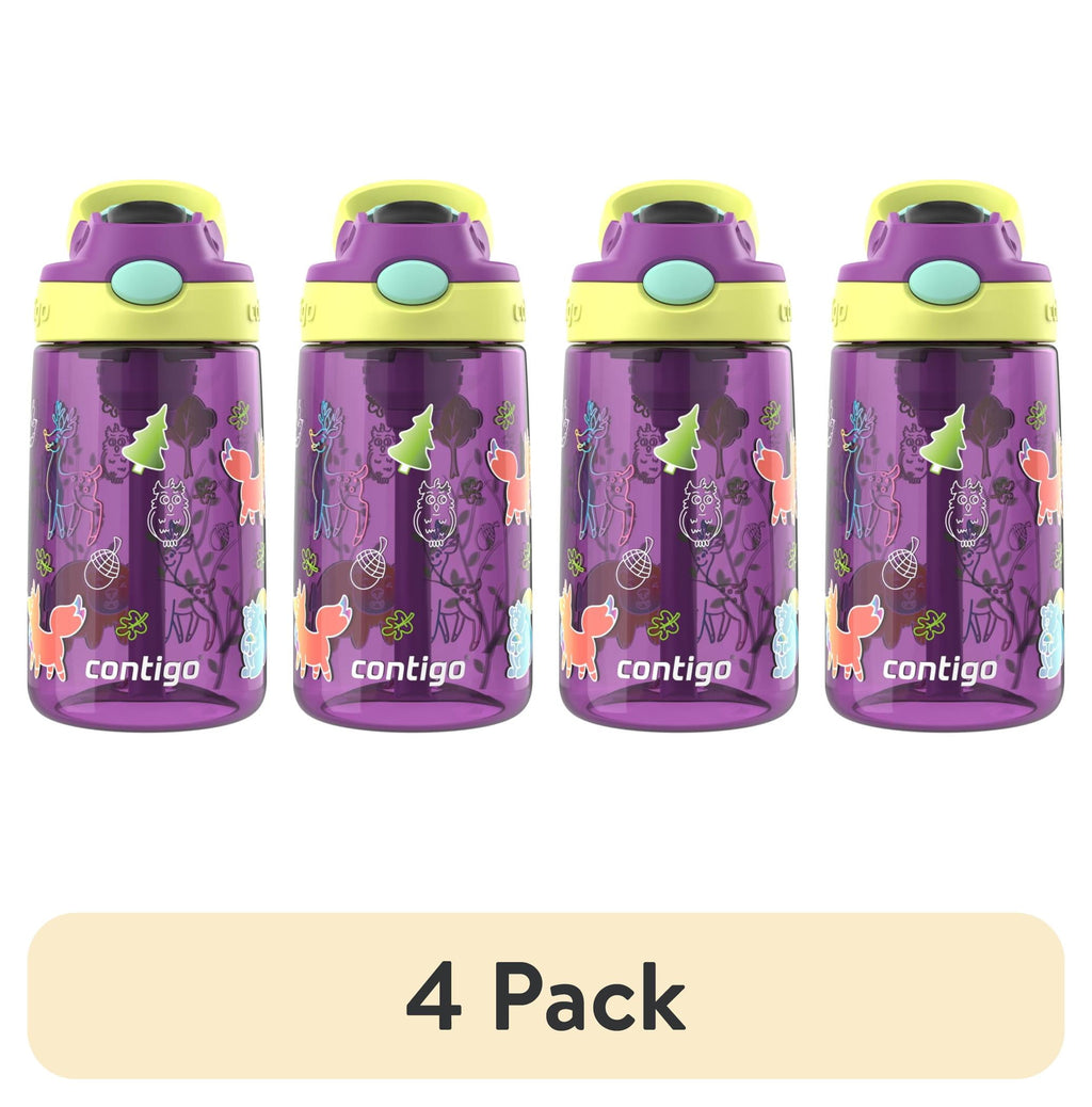 (4 pack) Contigo Kids Water Bottle with Redesigned AUTOSPOUT Straw, 14 oz, Grape Forest Haven | DXIS