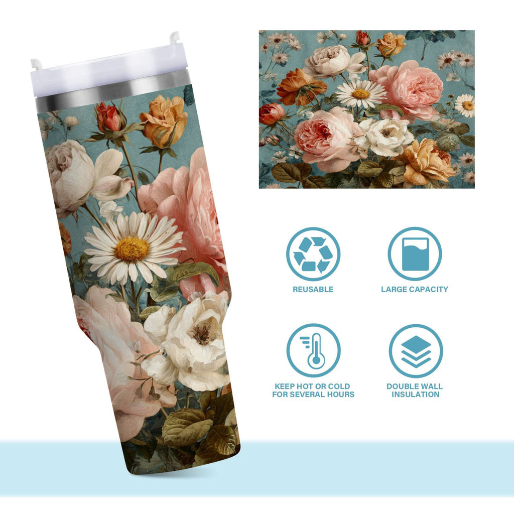 30 oz Insulated Stainless Steel Tumbler Double Wall Stainless Steel Tumbler with 2-Way Drinking Vintage Roses and Peonies | 2X6L