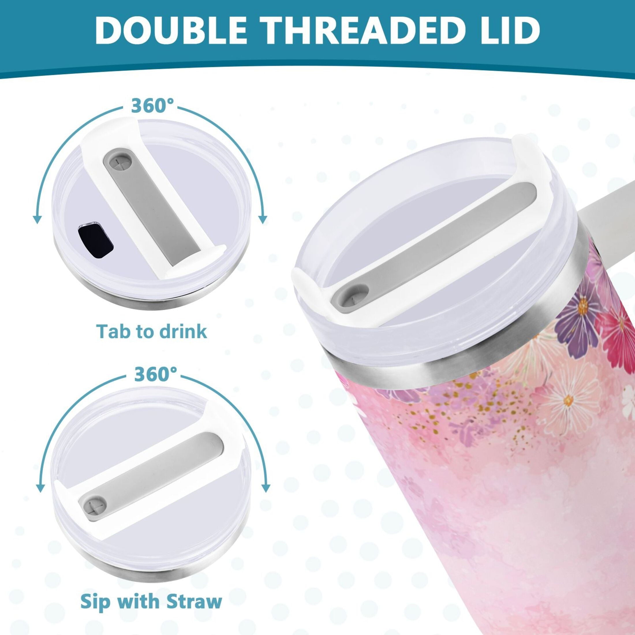 30 oz Insulated Stainless Steel Tumbler Double Wall Stainless Steel Tumbler with 2-Way Drinking Colorful Pastel Floral Pattern | OVJO